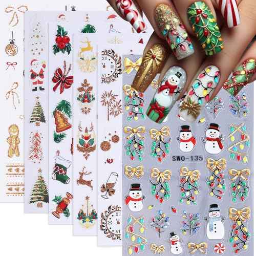 Christmas Nail Art Stickers, Winter Nail Decals 3D Self-Adhesive Colorful Light String New Year Xmas Tree Glitter Reindeer Nail Design DIY Christmas Nail Decoration for Women Girls(6Sheets)