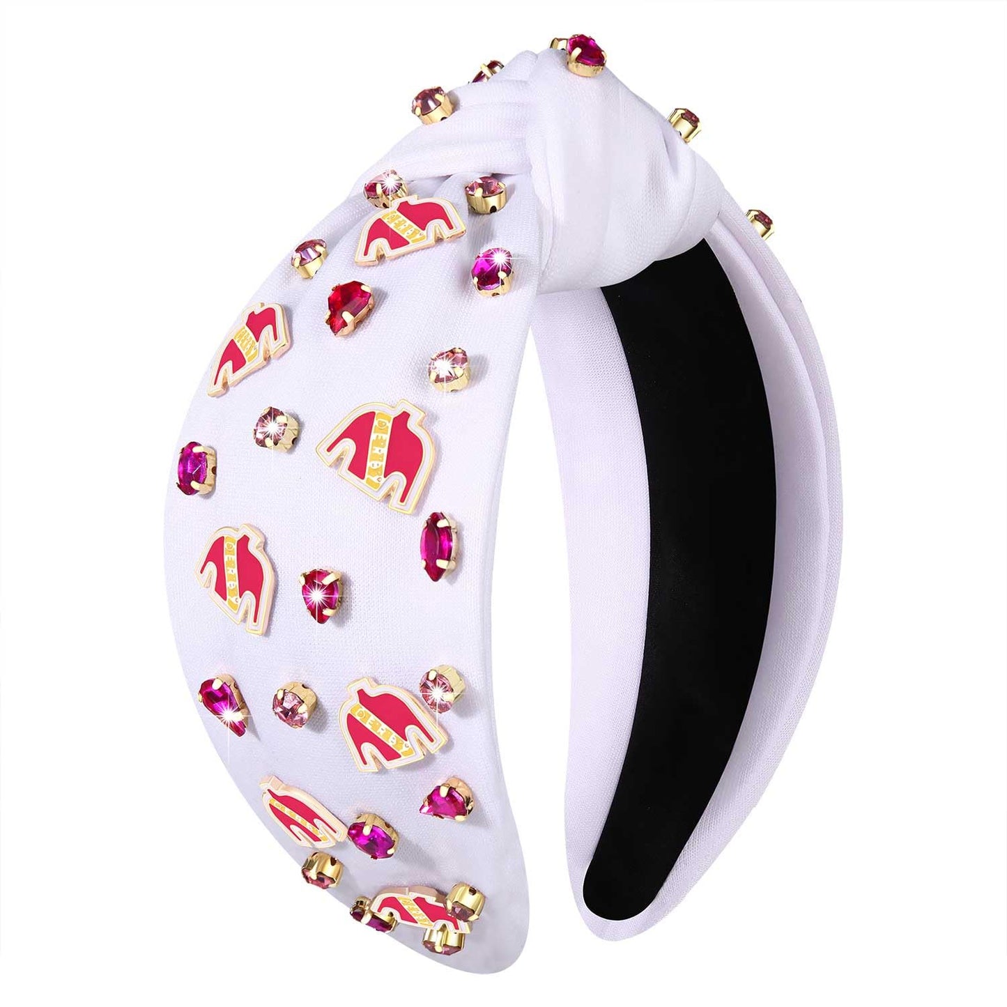 mokkia Kentucky Derby Headband for Women Beaded Horseshoe Headband Rhinestone Crystal Hairband Red Top Knot Beaded Headband Derby Horse Hair Accessories for Women (Ridding Suit B - White)