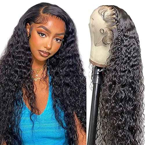 180% Density Deep Wave Lace Front Wigs Human Hair 13x4 Deep Wave Frontal Wig Curly Wigs for Women Pre Plucked with Baby Hair HD Transparent Lace Front Wigs(13x4 deep wave wig,20 Inch)