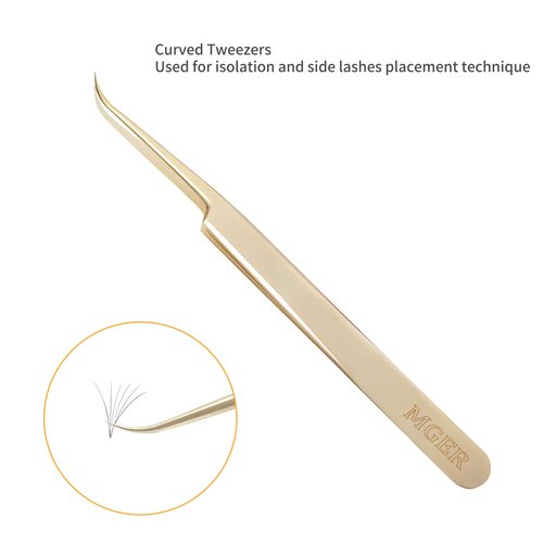 MGER Eyelash Extension Tweezers, Professional Curved Pointed Isolation Tweezers for Classic Individual Volume Mink Lash Extensions, Pointed Tweezers Stainless Lash Extensions, Gold tweezers