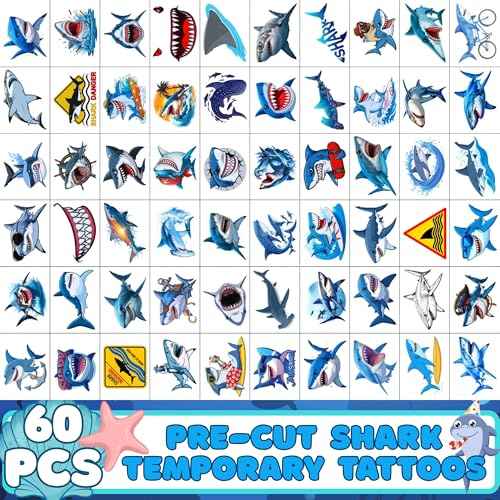 Shark Temporary Tattoos | Ocean Themed Shark Party Decorations Birthday Party Favors Supplies Accessories Stickers Under The Sea Themed Gift Idea For Kids Teen Boy Girl Adult 60Pcs 4 Sheets Pre-cut