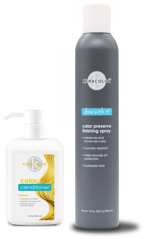 KERACOLOR Kit of 3-in-1 (Cleanse + Conditioner + Color) Lemon Semi-Permanent Hair Dye and Finishing Hair Spray 10oz