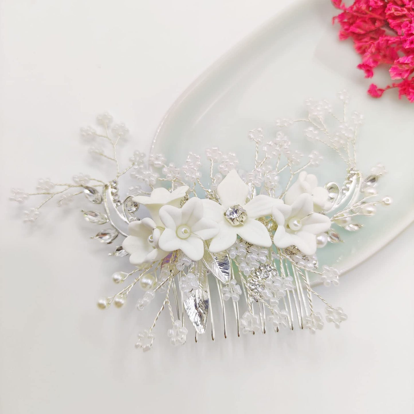 QUEOUNR Pearl Wedding Hair Comb, Bridal Hair Combs Decorative White Hair Accessories with Flower Rhinestone Hair Pins Clips for Women Girls,H07