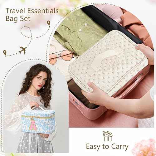 3 PCS Travel Makeup Bag Set,A-Z Initials Cotton Make up Bag Floral Quilted Cosmetic Bag for Girls and Women,Personalized Christmas Gifts,Cute Toiletry Travel Accessories Brushes Bags-E