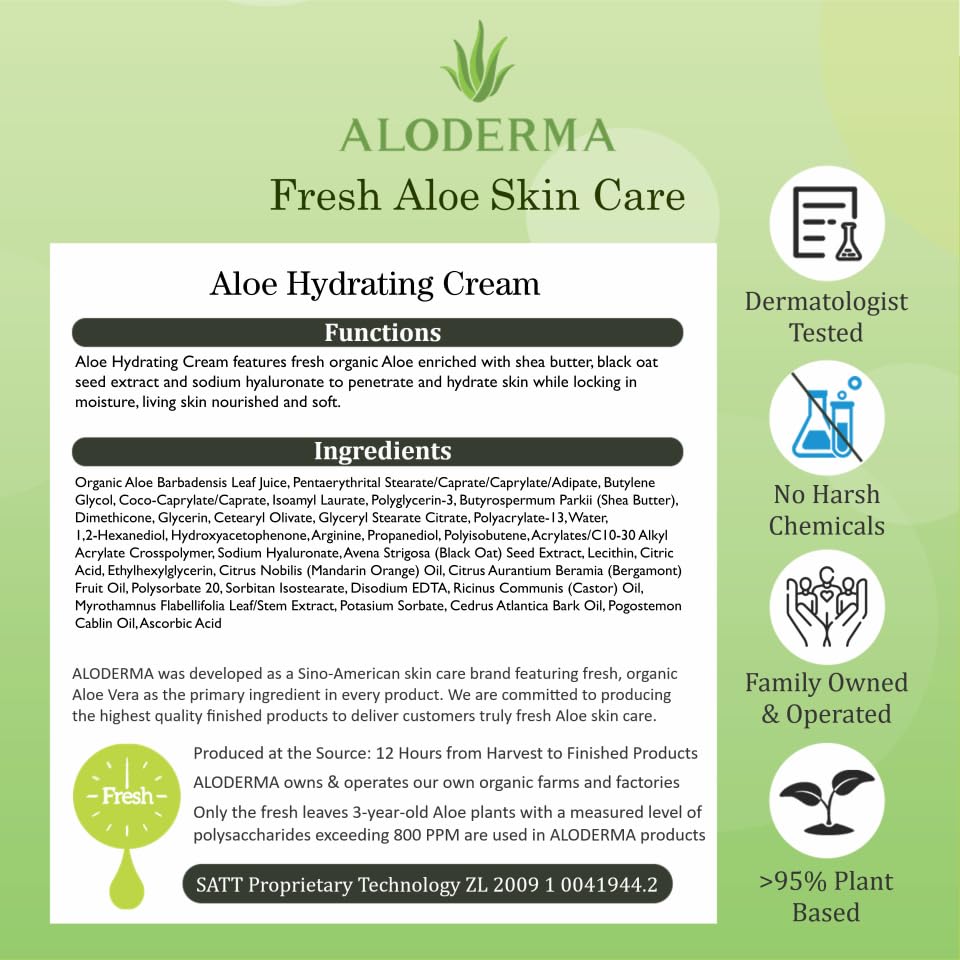 Aloderma Hydrating Face Cream for Dry Skin Made with 70% Organic Aloe Vera - Natural Hydration with Hyaluronic Acid & Arginine - Nourishing Aloe Vera Face Cream - Moisturizing Dry Skin Cream, 1.7oz