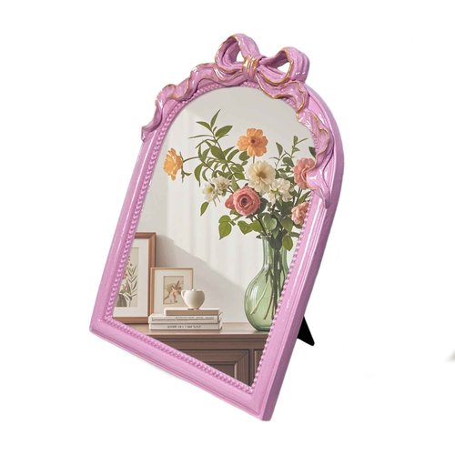 Oujchenghome Vintage Vanity Desk Mirror - 13x10 Inch Wall-Mounted & Tabletop Decorative Ornate Gold Accent Retro Makeup Mirror for Bedroom Dresser Bathroom Living Room Dorm(Pink, 13" L x 10" W Bow)
