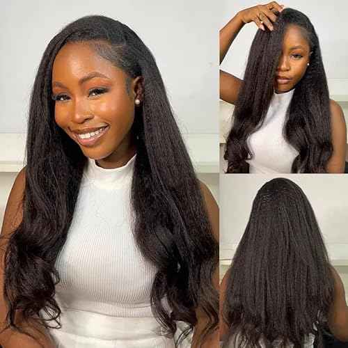 OQ Hair Kinky Straight Half Wig Human Hair Adjustable Drawstring 180% Density 3 In 1 Beginner Friendly Glueless Wear and Go Half Human Hair Wig for Women 16 Inch