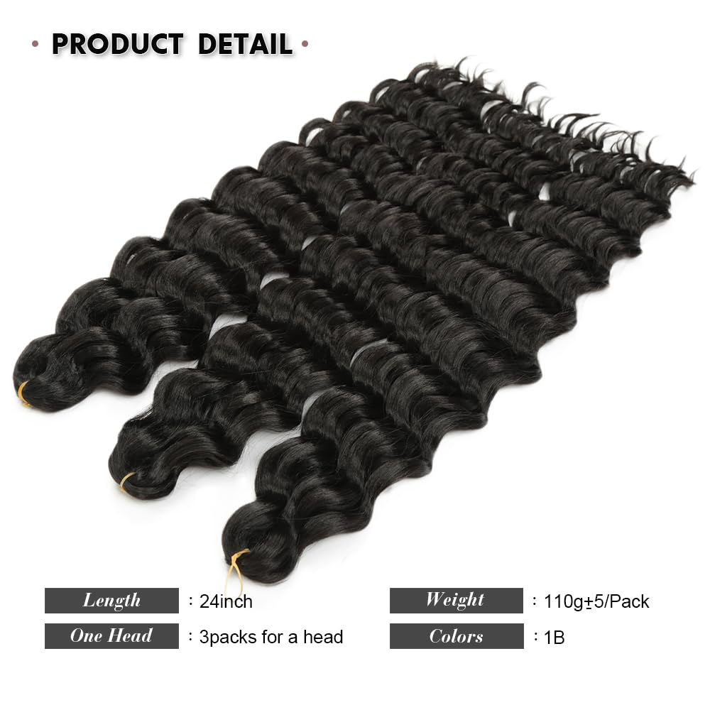 Deep Wave Crochet Hair 24Inch Soft locs 3pack Braiding Hair Extension (24inch soft deep, 1B)