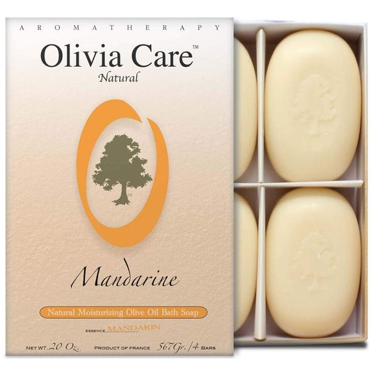 Olivia Care Bath & Body Bar Mandarin Soap 4 Pack Gift Box Organic, Vegan & Natural Contains Olive Oil Repairs, Hydrates, Moisturizes & Deep Cleans Good for Sensitive Dry Skin Made in USA