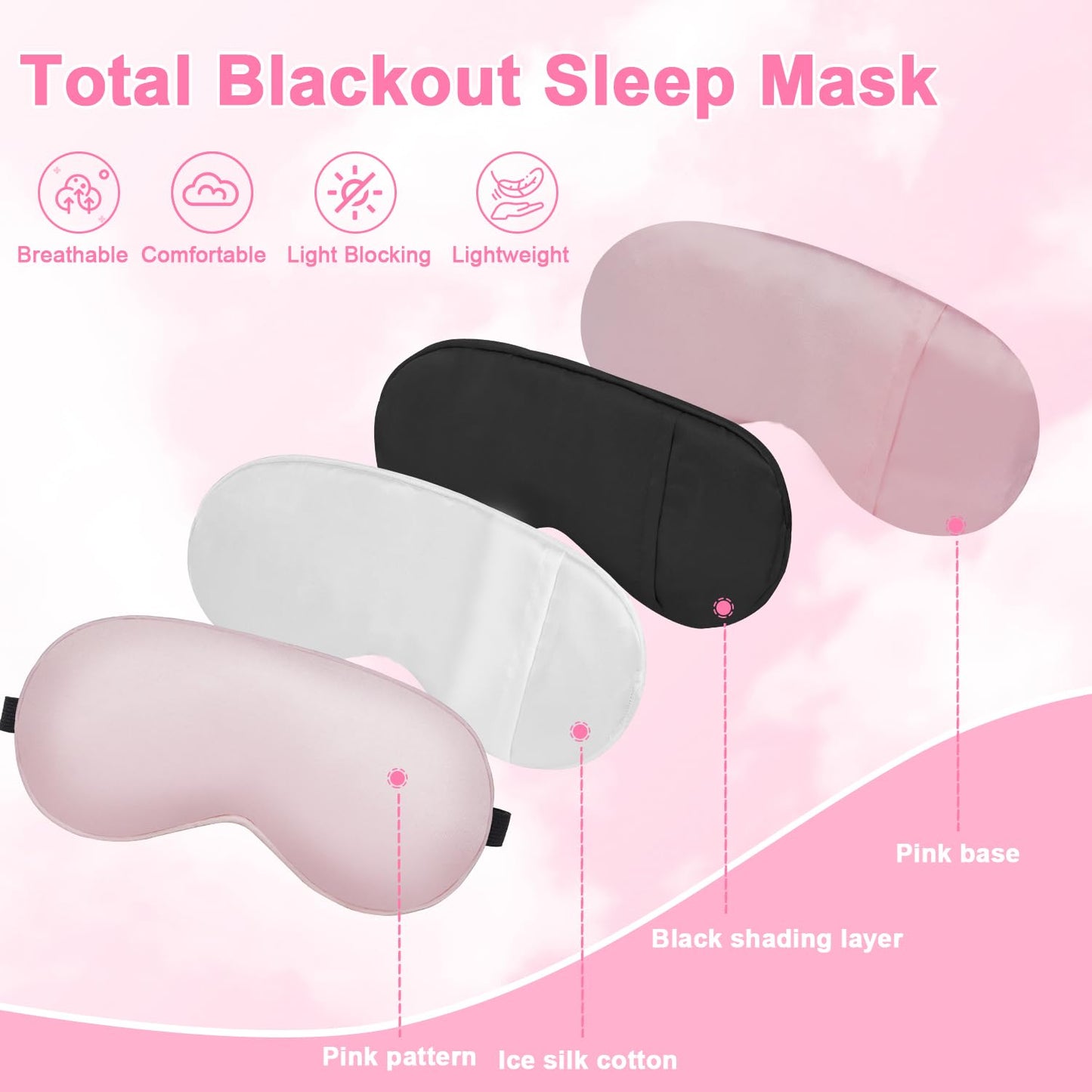 Cavoilu Sleep mask w/Cooling Gel Eye Mask, 2Packs Heated Eye Mask for Sleeping, Reusable Ice Silk Blackout Eye Cover Sleeping Mask for Travel, Home, Office, Yoga, Stocking Stuffers (Black+Pink)