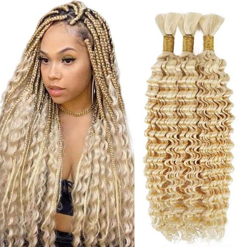 Blonde Human Braiding Hair Deep Wave Bulk 20 20 20 Inch Human Hair Weave 3 Bundle Unprocessed Brazilian Virgin Hair 613 Honey Blonde Deep Curly Braiding Hair Extensions 50 Grams/Bundle