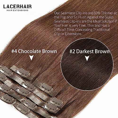 Lacer Hair Seamless Clip in Hair Extensions 9A Grade Virgin Human Hair Ultra Thin PU Weft Natural Hair Extensions Clip in Extensions For Women 7 Pcs 110g #4 Chocolate Brown 22 Inch