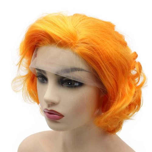 Peakia Short Wavy Wig Orange Half Hand Tied Lace Frontal Wigs Synthetic