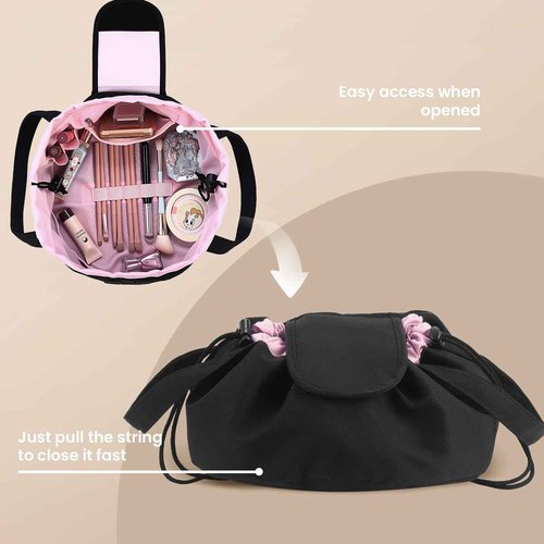 Lay Flat Drawstring Makeup Bag,Travel Cosmetic Organizer for Women,Large Capacity Toiletry Bag,Portable Open-Flat Design for Skincare and Makeup Brushes (Pink)