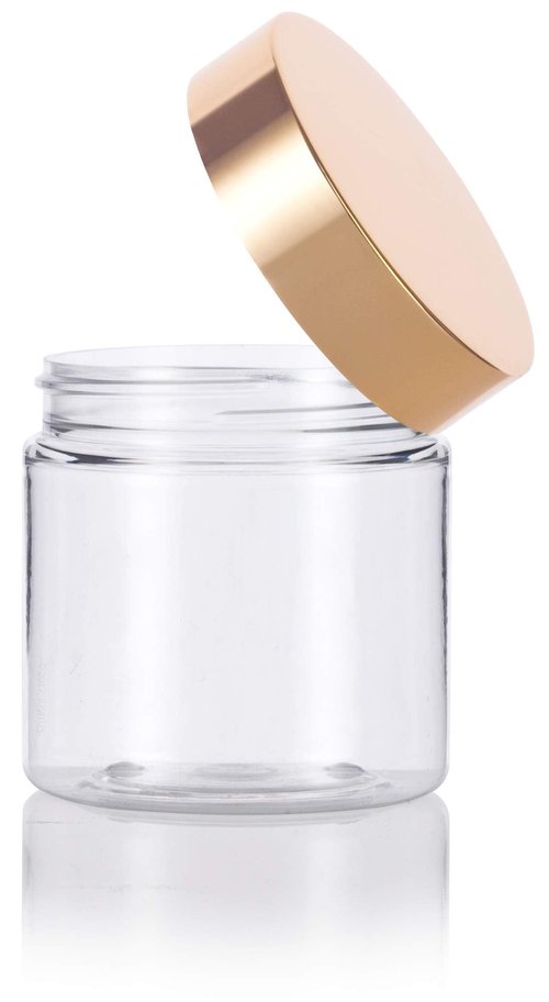 JUVITUS 4 oz / 120 ml Clear PET Plastic (BPA Free) Refillable Jar with Gold Metal Overshell Lid (6 Pack) + Spatulas