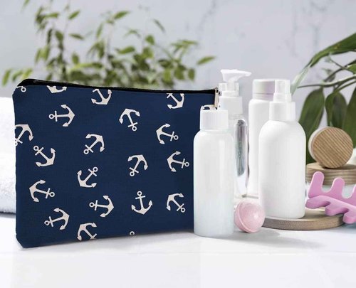 Dwept Nautical Anchor Makeup Cosmetic Bag, Marine Symbol Navy Anchor Linen Makeup Travel Toiletry Bag, Nautical Coastal Sailing Sailboat Anchor Cosmetic Bag Gifts For Sea Lovers Sailors Women Girls