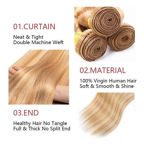 Giginger Bundles Human Hair P27/613 Blonde Straight Human Hair Bundles 10 12 14 Inch Highlight Honey Blonde Unprocessed Quick Weave Soft Sewn In Hair Extensions for Black Women