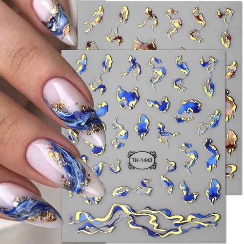 3D Gild Stamping Marble Nail Stickers, Blue Purple Marble Nail Art Stickers Bronzing Gold Nail Decals for Nail Art Supplies, Irregular Ribbon Nail Sticker Nails Design Self Adhesive Stickers for Nails