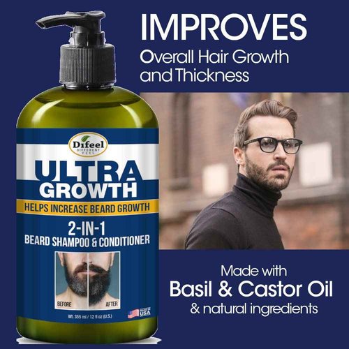 Difeel Men's Ultra Growth Beard Care 3-PC Gift Set for Men - Includes 2-in-1 Beard Shampoo & Conditioner 12oz, Beard Growth Oil 8oz, and Bonus Travel Size Beard Oil