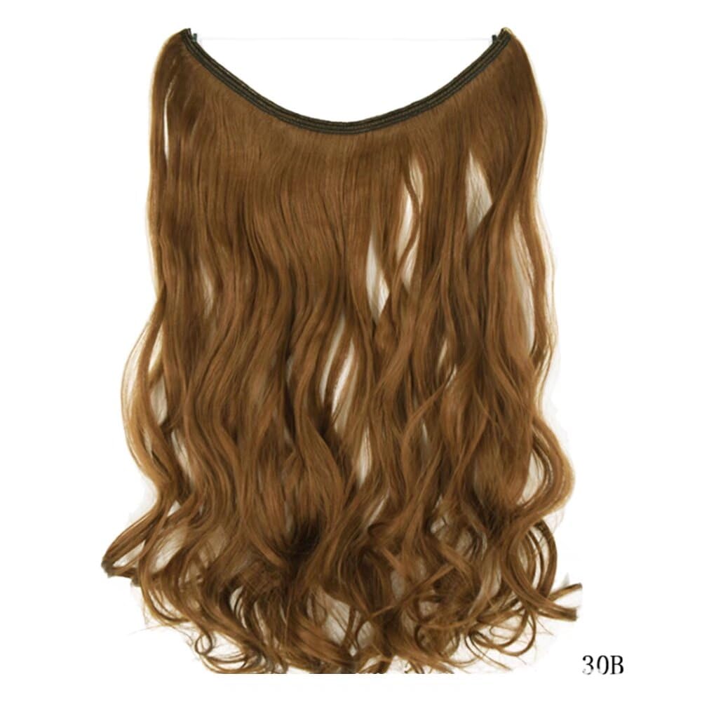 iLUU 18" 80g Auburn Brown Hidden Wire Hairpiece Invisible Fish Line Synthetic Hair Extensions One Piece Curly Wavy Hairpieces With Transparent String Headband for Women (No Clips No Tape)