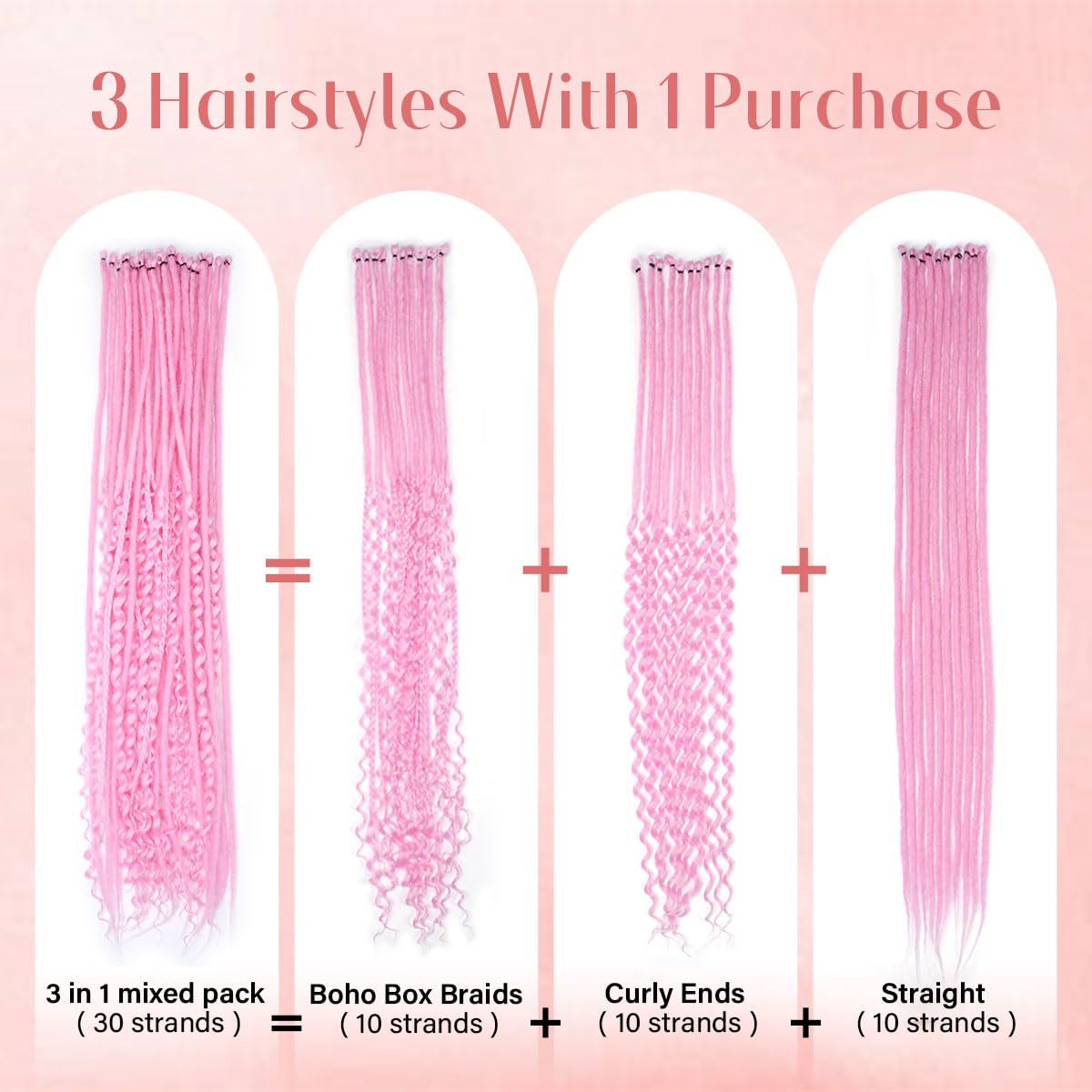 Quiduis 30 Inch 30 Strands SE Dreadlock Extensions Full Sets,3 In 1 Mixed Synthetic Dreads Extensions,Rose Pink Curly&Straight&Boho Single Ended Dreads Extensions Hippie Style Dreadlock for Women