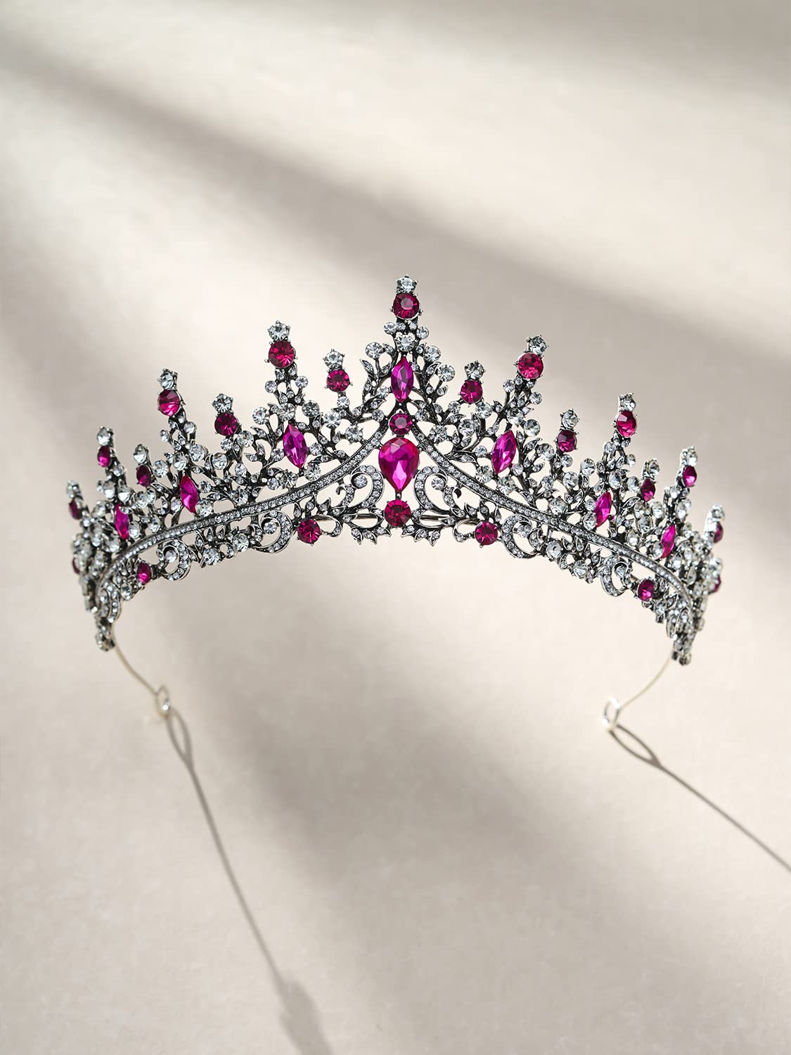 SWEETV Crystal Tiara Crown for Women, Royal Queen Crown Headband, Hot Pink Rhinestone Princess Hair Accessories, Antique Silver Metal Headware for Prom Birthday Halloween