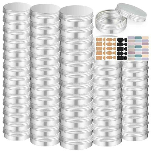 YQ 60 Pack 2oz Tins with Lids, Refillable Salve Tins, Thick 2 oz Tin with Labels, Screw Lid 2oz Tin, Aluminum Round Salve Containers, for Lotions, Balms, Salve, Candle(Silver)
