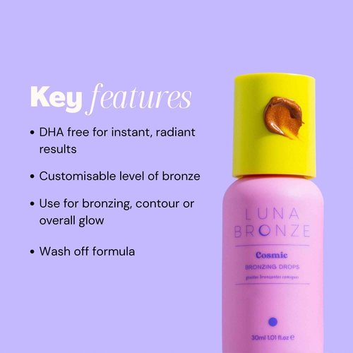 Luna Bronze Cosmic Bronzing Drops | Lightweight, Hydrating & Washable Liquid Bronze Drops | Non-Greasy Formula Enriched with Sodium Hyaluronate & Shea Butter | Responsible Mica (30ml/1.01 fl. oz)