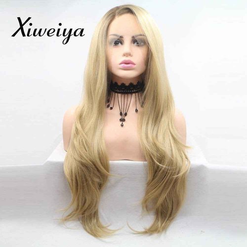 xiweiya Light Blonde Lace Front Wig with Brown Roots Long Body Wave Blonde Mixed color Side Part Glueless Natural Looking Lace Front Wigs Heat Resistant Hair for Women 24inch