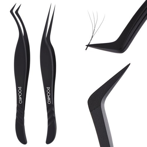 Lash Extension Tweezers, Professional Fiber Tip Lash Tweezer Set for Classic & Volume Lashes, High Precision Eyelash Tweezers Kit– Black Set of 2, Ideal for Lashes Artists