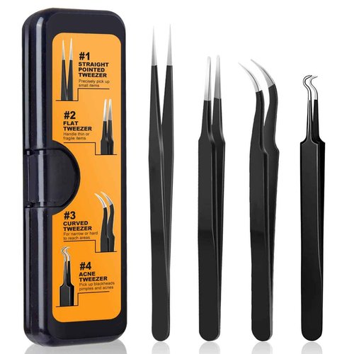 G.CATACC 4-Pack Precision Tweezers Set, Curved and Pointed Tweezer Kit for Craft, Eyelash Extension, Blackheads, Facial Hair, Ingrown Hair Removal, Electronics, Soldering, Jewelry - with Case
