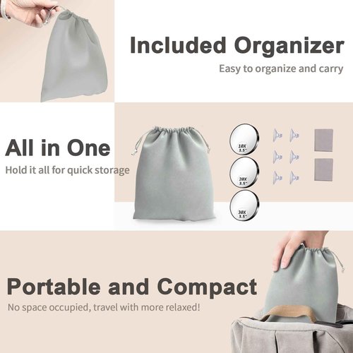Magnifying Mirror, 10X & 20X & 30X Set, Magnified Mirrors 3.5" with Two Suction Cups, Travel Magnifying Mirror Set Comes with Portable Storage Bag, Compact Small Magnified Mirrors for Travel(Black)