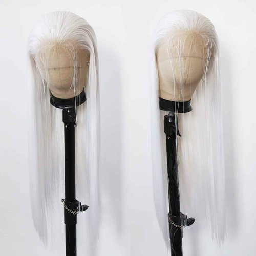 BTWTRY White Synthetic Lace Front Wig - Long Straight Platinum Snow White Lace Front Synthetic Wig - Pre Plucked Natural Hairline - Glueless Heat Resistant Fiber Hair Wig for Fashion Women