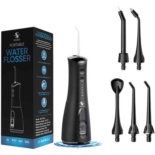 SOLIHY Cordless Water Flosser, Water Dental Flosser, Rechargeable Irrigation Cleaner,4 Modes Portable Water Flosser with 5 Nozzles, Water Flossers for Teeth, Dental Tools (Black)