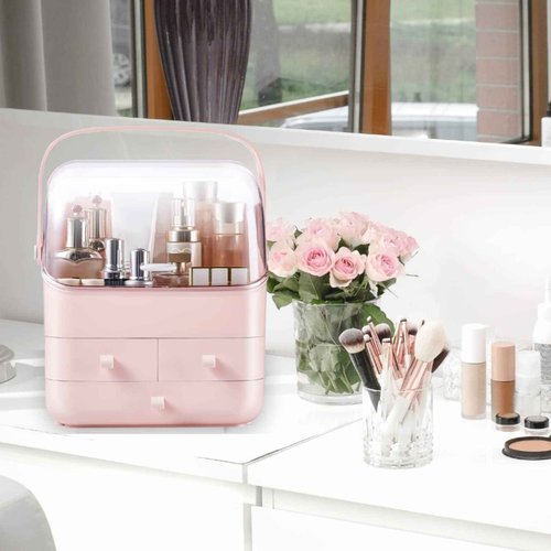 LINFIDITE Cosmetic Storage Box with Lid Waterproof&Dustproof Makeup Organizer Box Portable Handle,Large Makeup Display Case with Drawers Fully Open Lid,Great for Bathroom Countertop Bedroom Dresser