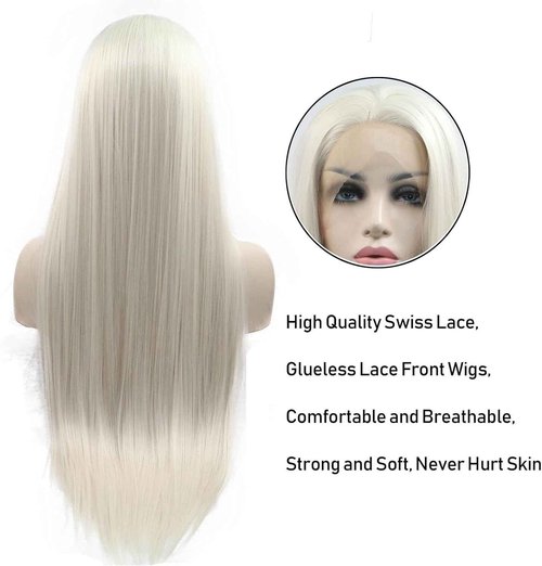 AFBeauty Platinum Blonde Wigs for Women Straight Blonde Synthetic Lace Front Wig Long Glueless Blonde Wig White Blonde Lace Front Platinum Wig 22Inch Heat Resistant Fiber Hair Daily Cosplay Wear