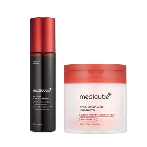 medicube Red Exfoliation & Tone-Care Duo: Red Body Peeling Shot and Red Succinic Acid Panthenol Facial Peeling Pads