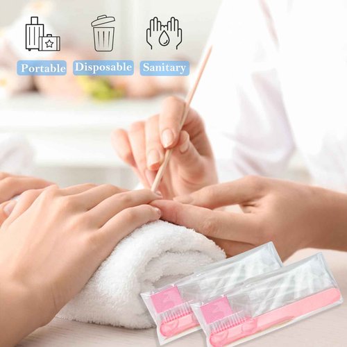 Disposable Manicure kit Press On Nail Tool Kit for Salon Home, Mini Nail Buffer, Nail File, Wood Stick, Nail Brush (Pink, 100 Set)