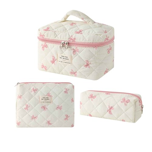 RSRSLEII 3Pcs Large Cotton Quilted Makeup Bag Set, Cute Coquette Floral Cotton Cosmetic Bag with Bows, Aesthetic Travel Organized Toiletry Bags for Women Girls（01White Pink）