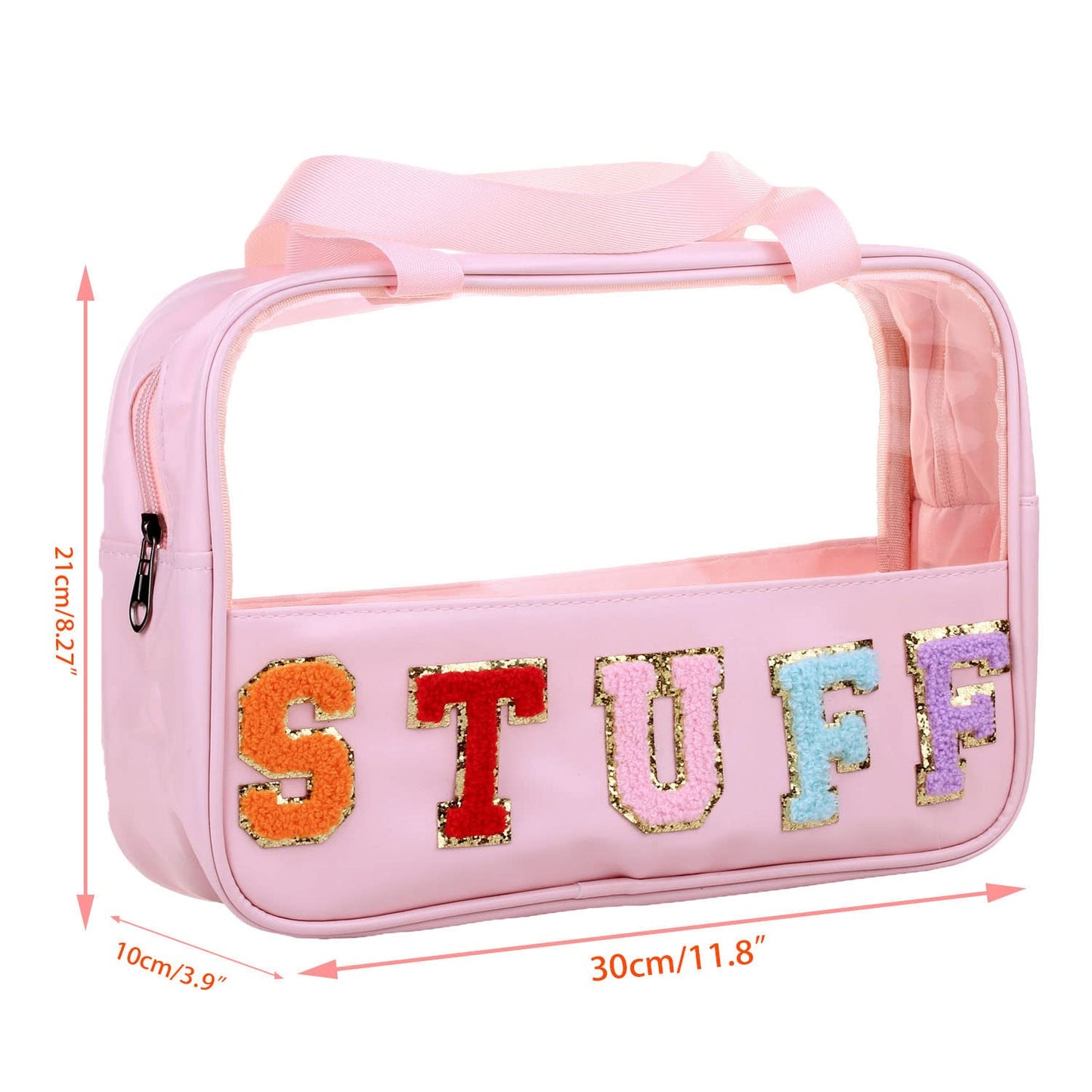 CRUOXIBB Chenille Letter Clear PVC And PU leather Large Travel Cosmetic Toiletry Storage Bag Waterproof Makeup Tote Bag Organizer Bag for Women(STUFF-Pink)