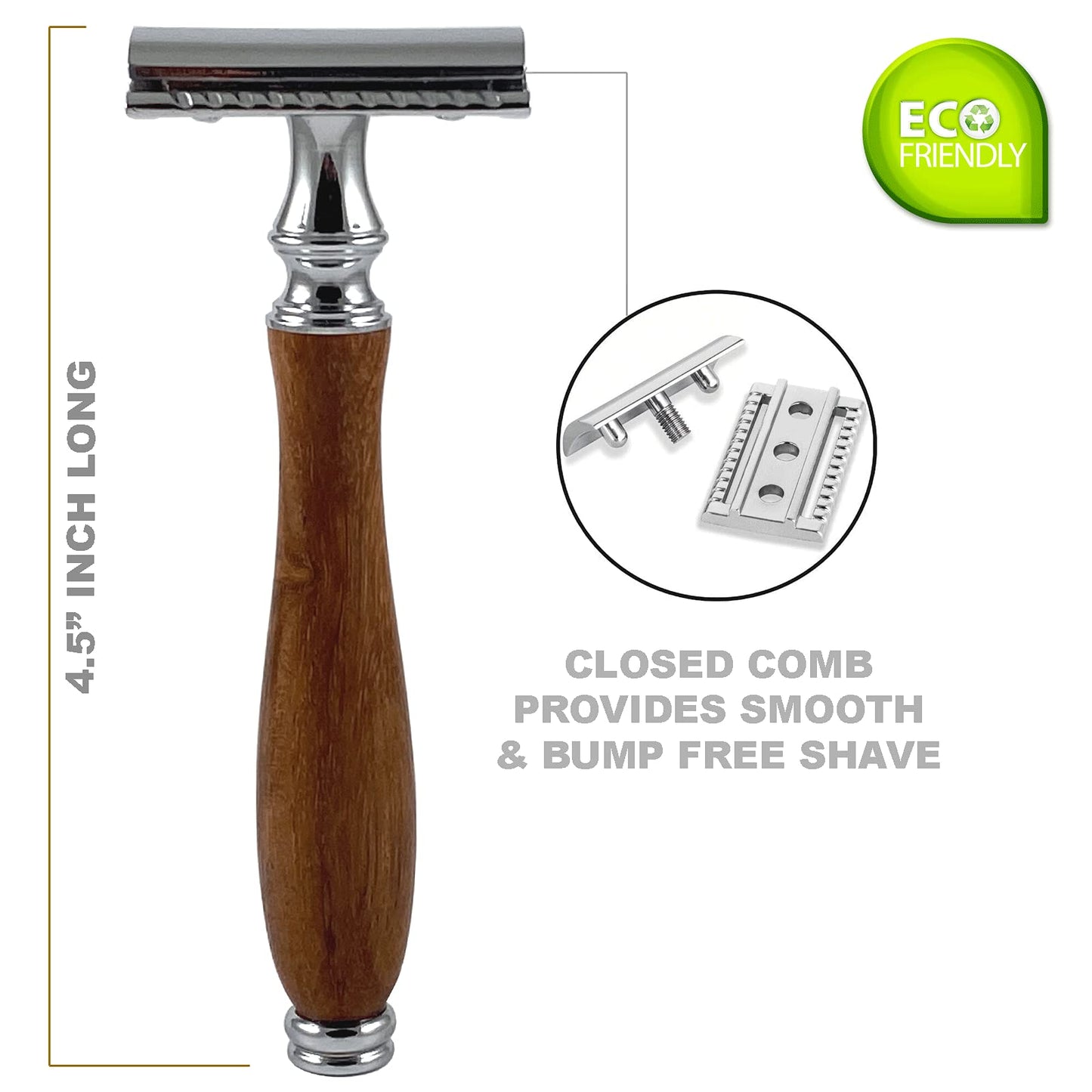 Krisp Shave (4.5 Inch) Long Wood Handle Safety Razor for Men Women - Double Edge Manual Razor - Fits All Double Edge Razor Blade - Comes With 5 Shaving Blades, Brown