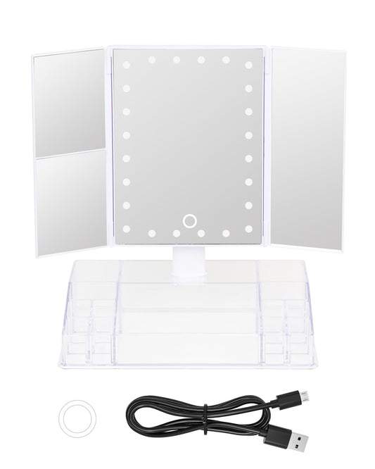 DOUBLEZHE Makeup Mirror with Lights and Storage - 3x/2x Magnification, Tri-Fold Cosmetic Vanity Mirror with 24 Led Light, Touch Screen, 180 Degree Adjustable Rotation