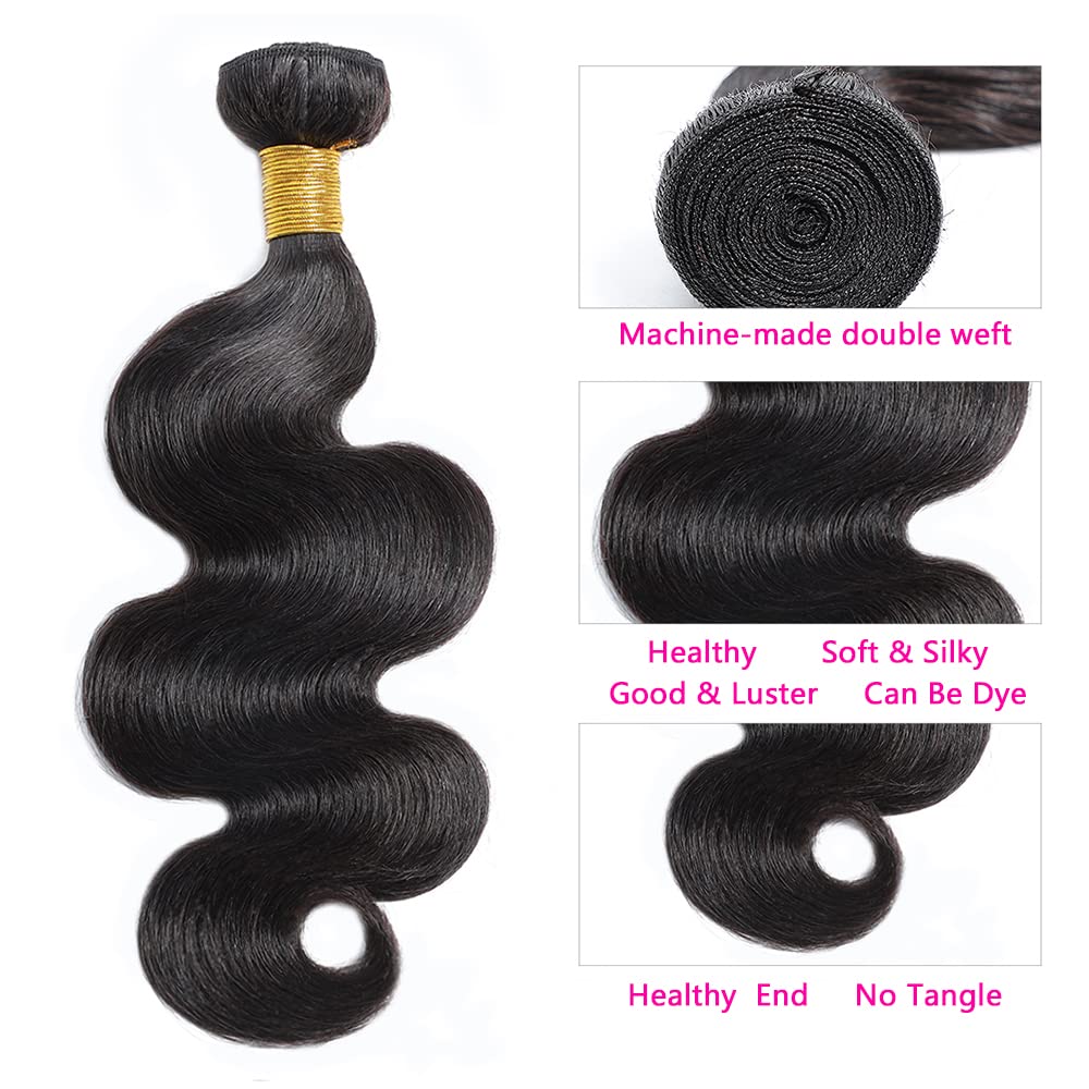 Selina Brazilian Body Wave Hair 3 Bundles With Free Part Closure Brazilian Virgin Human Hair 12A 100% Unprocessed Brazilian Hair Lace Closure Natural Black (16"18" 20"with 14" Closure, Body 3+1)