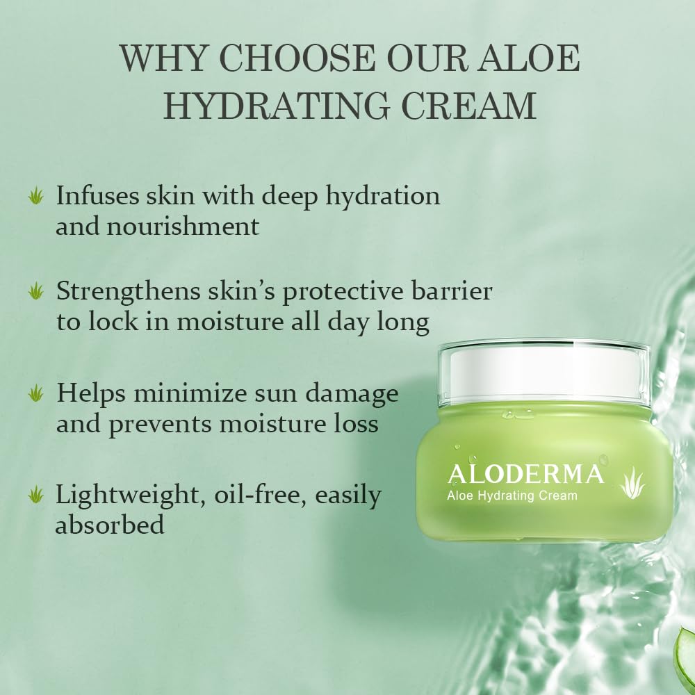 Aloderma Hydrating Face Cream for Dry Skin Made with 70% Organic Aloe Vera - Natural Hydration with Hyaluronic Acid & Arginine - Nourishing Aloe Vera Face Cream - Moisturizing Dry Skin Cream, 1.7oz