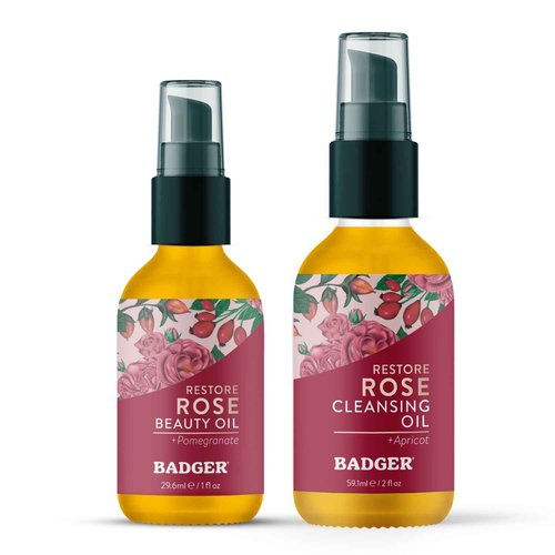 Badger Rose Cleansing Oil & Rose Face Oil - USDA Organic Cleansing & Moisturizing in Glass Bottles