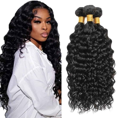 #1B Human Hair Bundles Water Wave Bundles 14 16 18 Inch Unprocessed Brazilian Virgin Hair Weave 3 Bundles Human Hair Extensions Natural Color Bundle 50 Grams Per Bundle For Woman