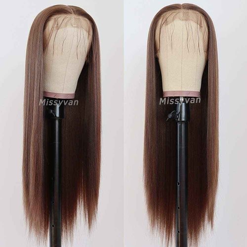 Missyvan Lace Front Wig Straight Hair Brown Color Long Wigs Glueless Heat Resistant Fiber Hair Dark Brown Synthetic Lace Front Wigs for Fashion Women