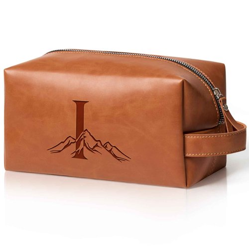 Aganmi Personalized Gifts Travel Toiletry Bag for Men Engraved Initial PU Leather Waterproof Shaving Bag for Toiletries Accessories Fathers Day Birthday Gift for Men Dad Husband Son, Light Brown I
