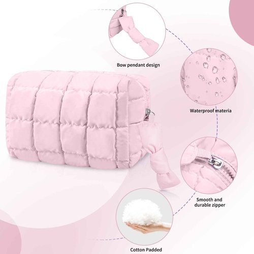 Gosect Puffy Quilted Makeup Bag, Cute Checkered Cosmetic Bags with Divider, Waterproof Travel Toiletry Bag, Make up Pouch for Women & Girls Travel Essentials (Bow, Pink, Medium)