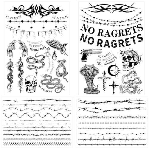 Temporary Fake Barbed Wire Tramp Stamp Realistic Tattoo Stickers for Adult Women Men,Neck Spine Wicked Tattoos for Halloween,Parties 4 sheets A (45+ styles)